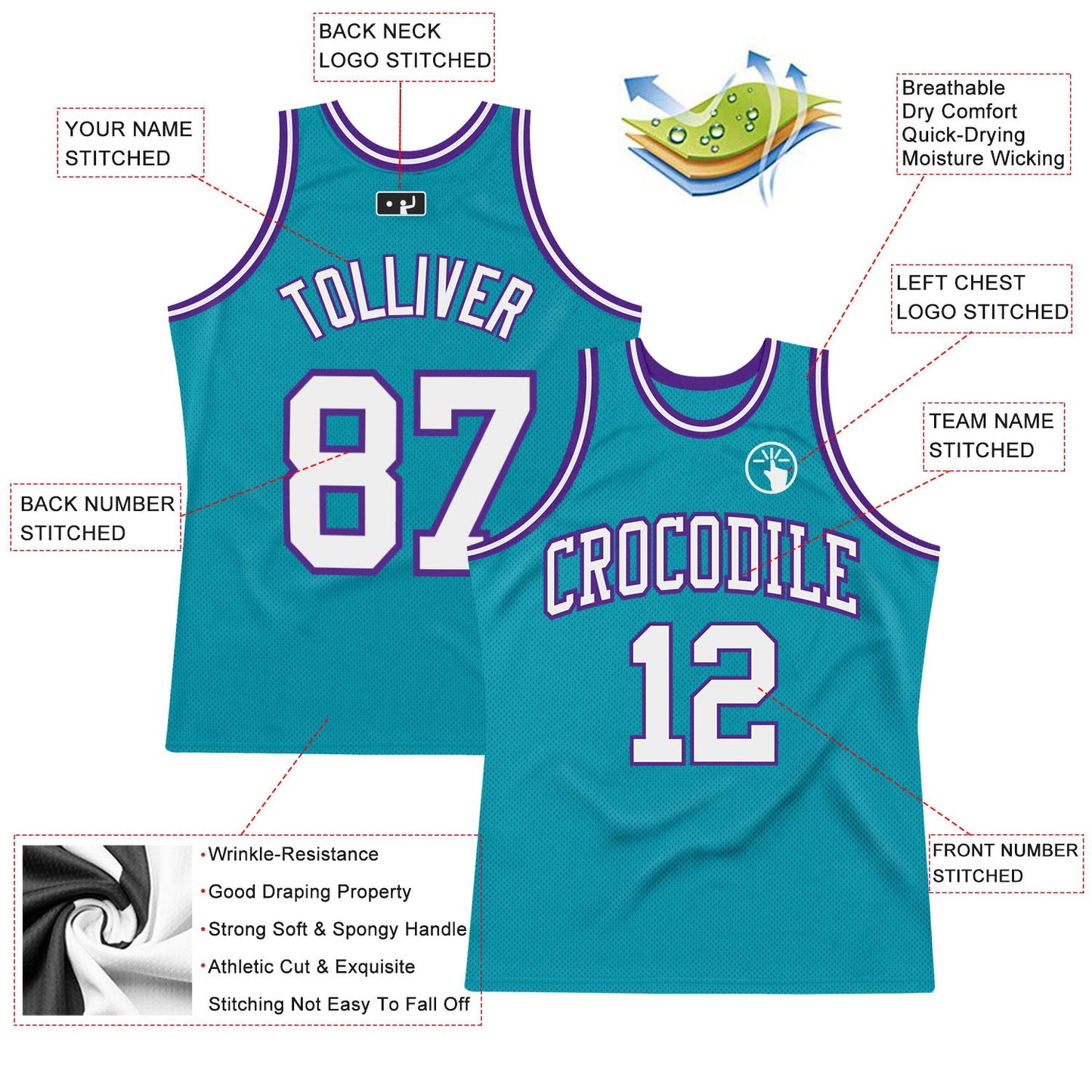 Custom Teal White-Purple Authentic Throwback Basketball Jersey view 2