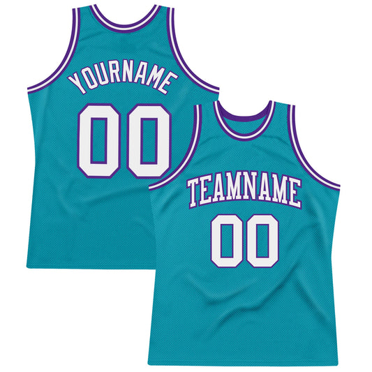 Custom Teal White-Purple Authentic Throwback Basketball Jersey - Main View