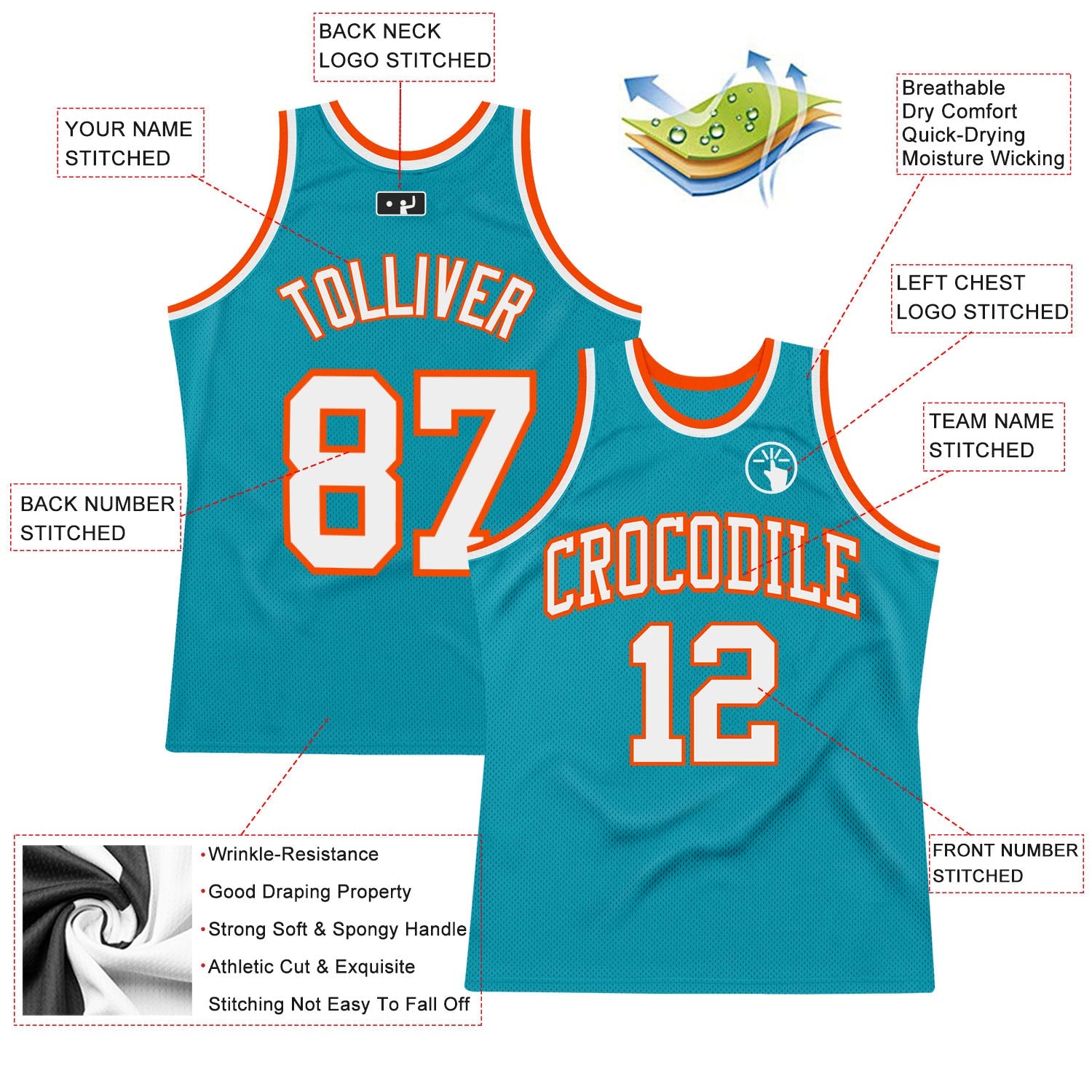 Custom Teal White-Orange Authentic Throwback Basketball Jersey view 2