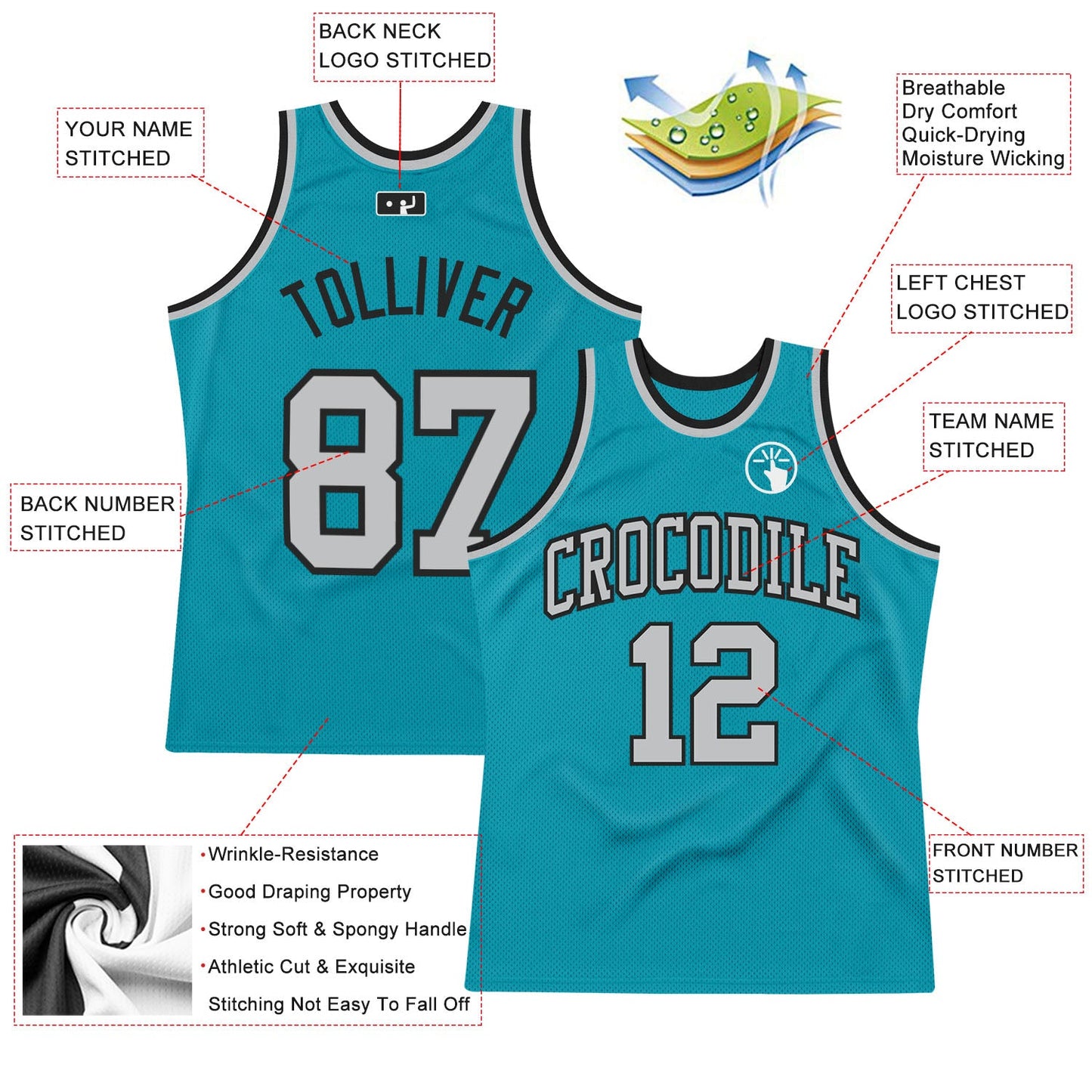 Custom Teal Gray-Black Authentic Throwback Basketball Jersey view 2