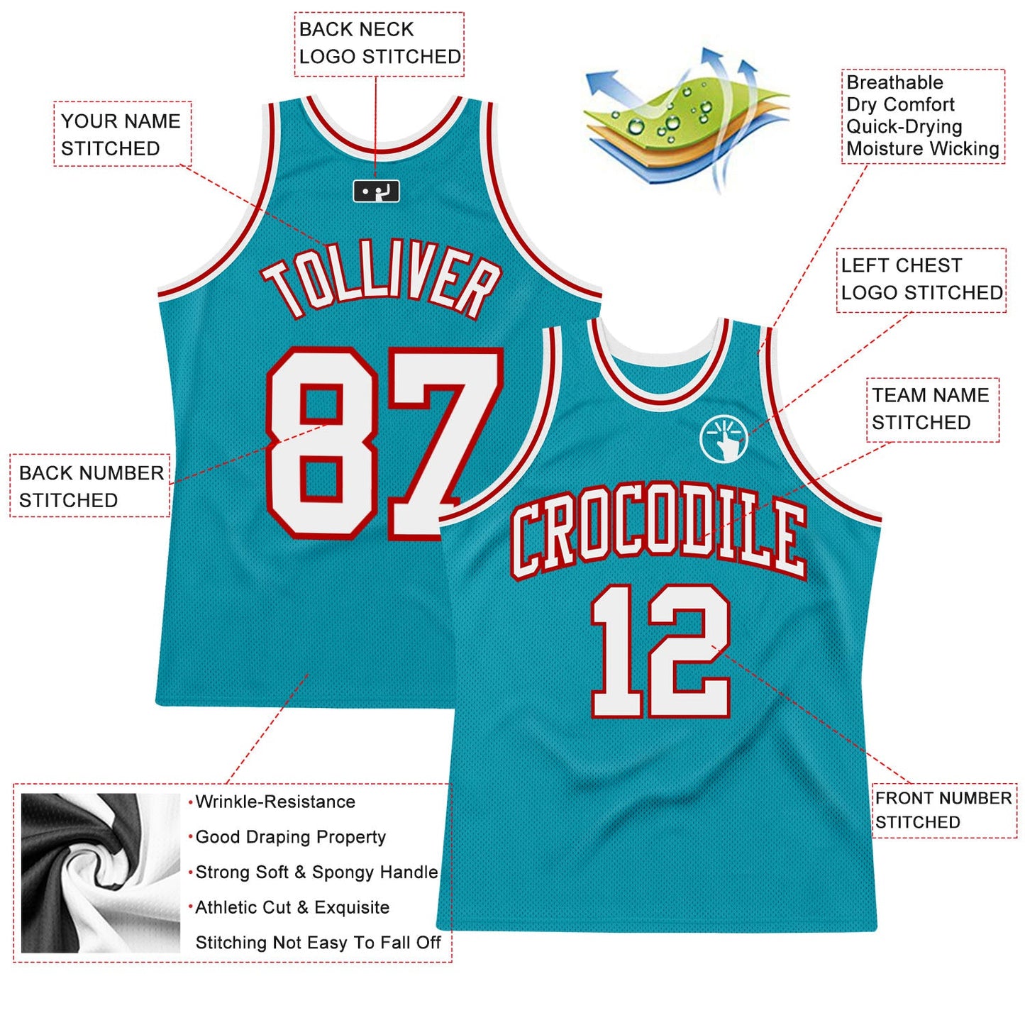 Custom Teal White-Red Authentic Throwback Basketball Jersey view 2