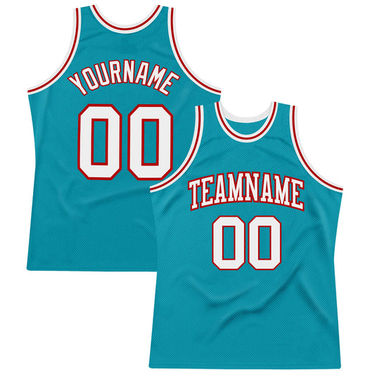 Custom Teal White-Red Authentic Throwback Basketball Jersey - Main View