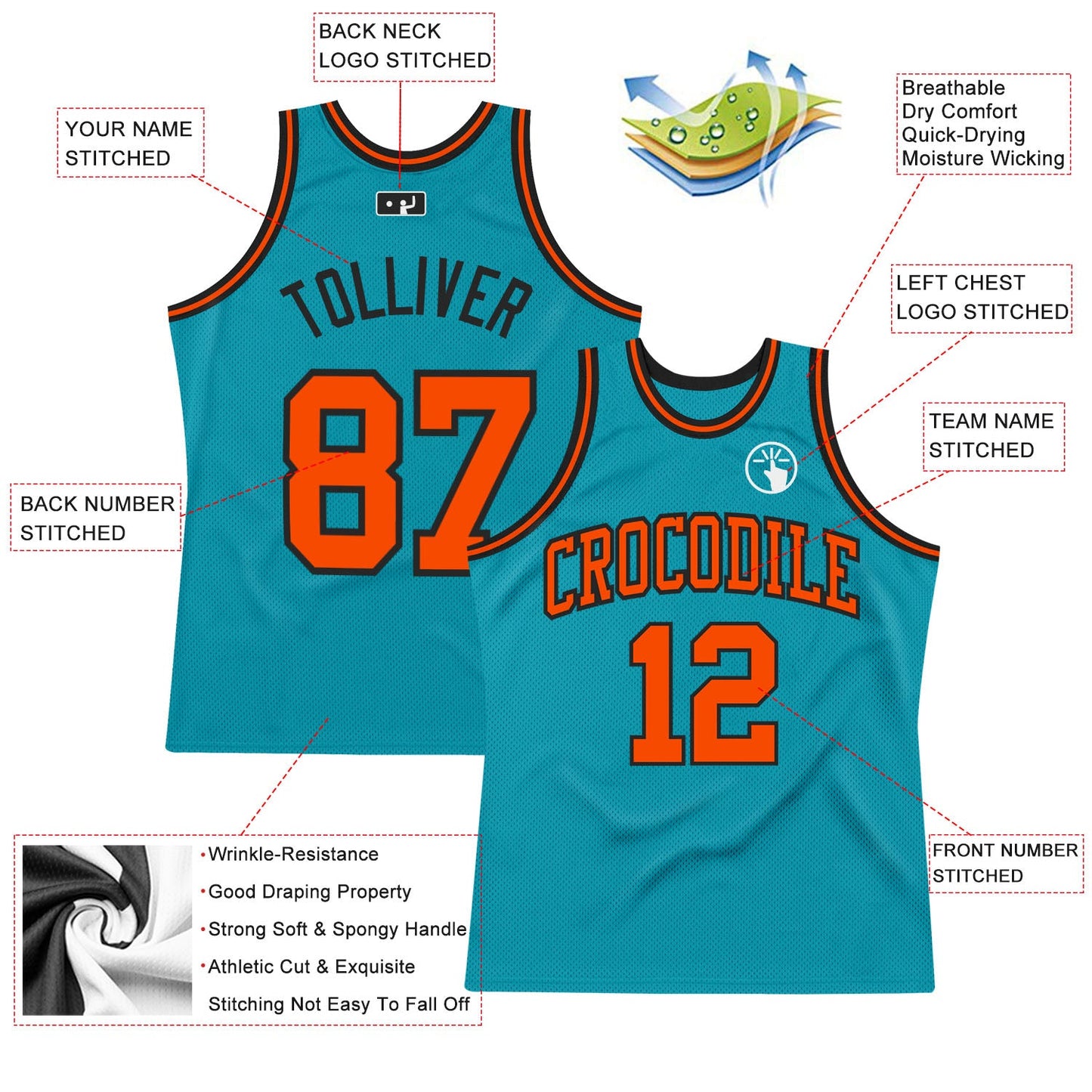 Custom Teal Orange-Black Authentic Throwback Basketball Jersey view 2