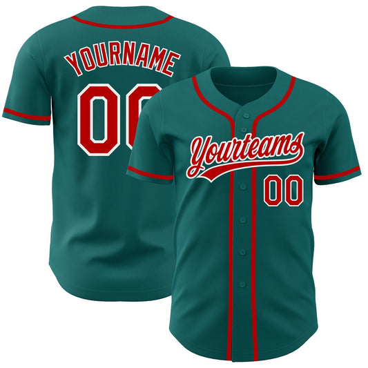 Custom Teal Red-White Authentic Baseball Jersey - Main View