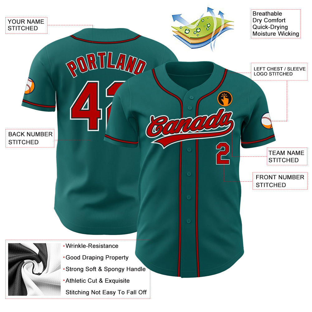Custom Teal Red-Black Authentic Baseball Jersey view 3