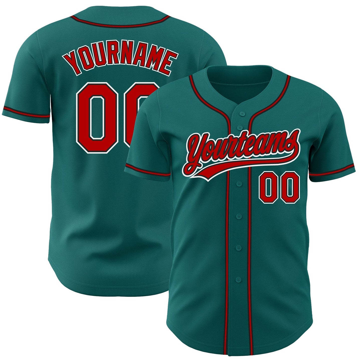 Custom Teal Red-Black Authentic Baseball Jersey - Main View