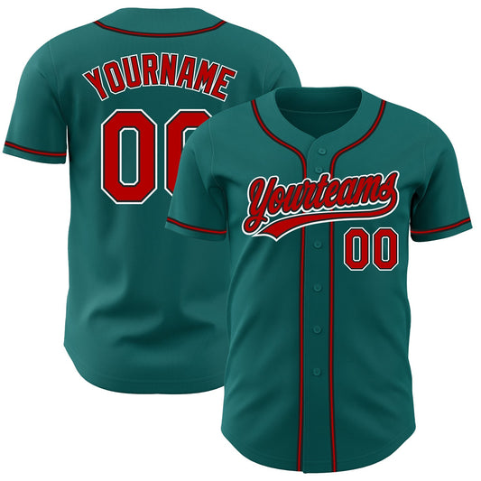 Custom Teal Red-Black Authentic Baseball Jersey - Main View