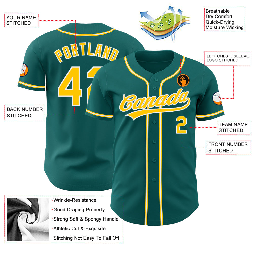 Custom Teal Gold-White Authentic Baseball Jersey view 3