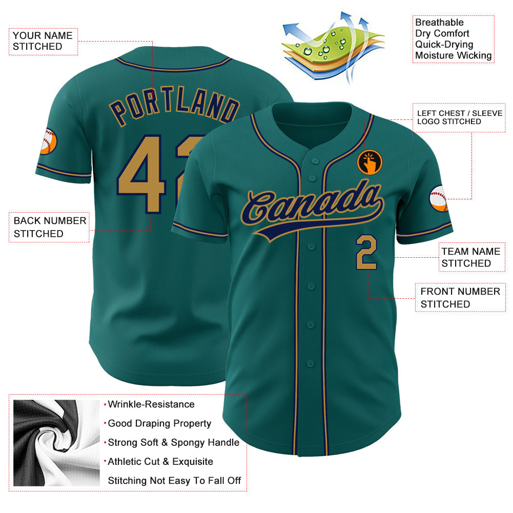 Custom Teal Old Gold-Navy Authentic Baseball Jersey view 3