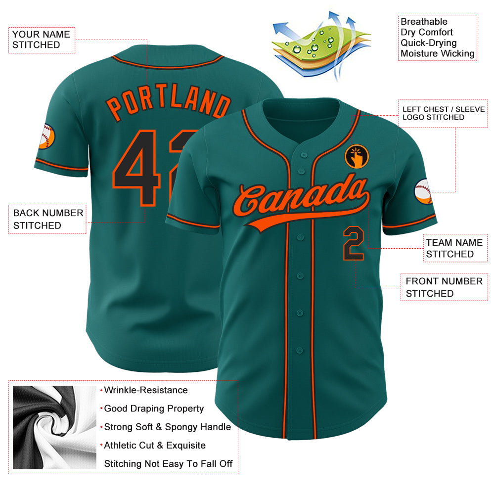 Custom Teal Black-Orange Authentic Baseball Jersey view 3