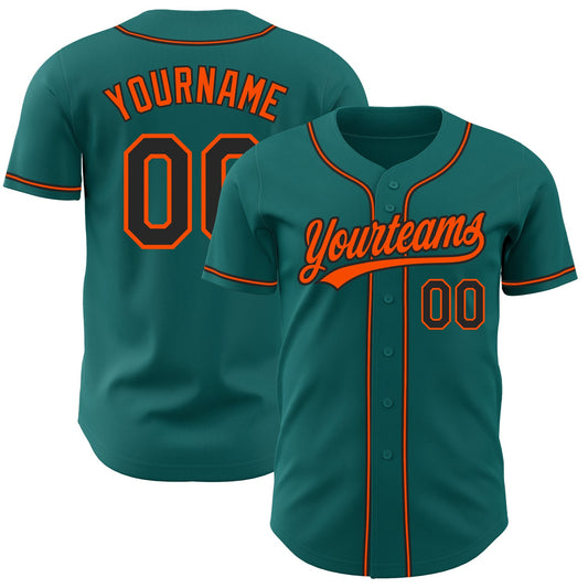 Custom Teal Black-Orange Authentic Baseball Jersey - Main View