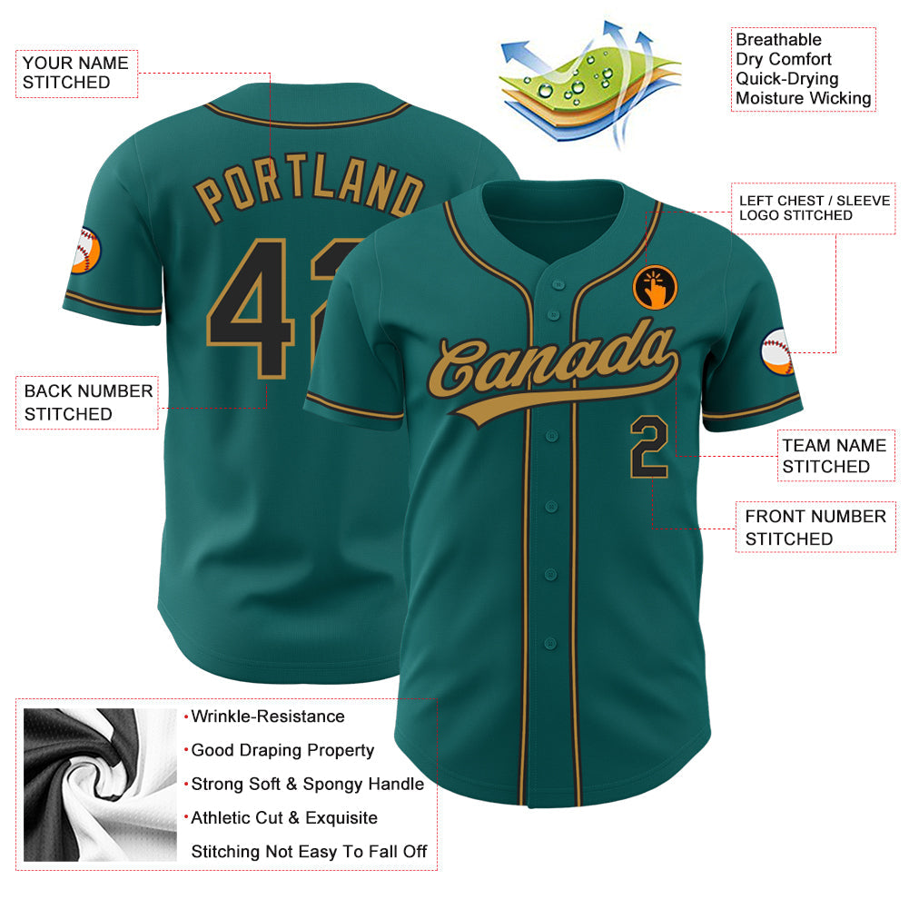 Custom Teal Black-Old Gold Authentic Baseball Jersey view 3