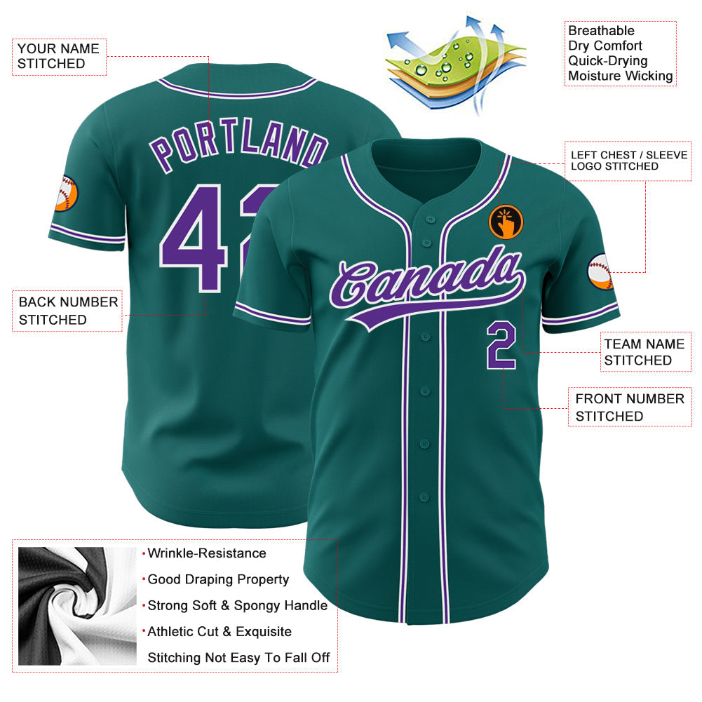 Custom Teal Purple-White Authentic Baseball Jersey view 3