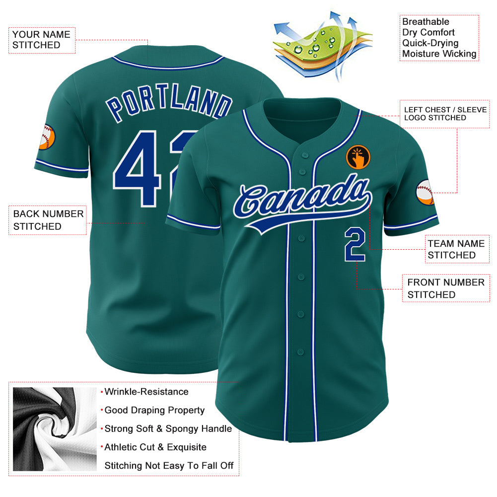 Custom Teal Royal-White Authentic Baseball Jersey view 3