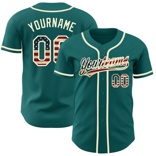 Custom Teal Vintage USA Flag-Cream Authentic Baseball Jersey - Main View