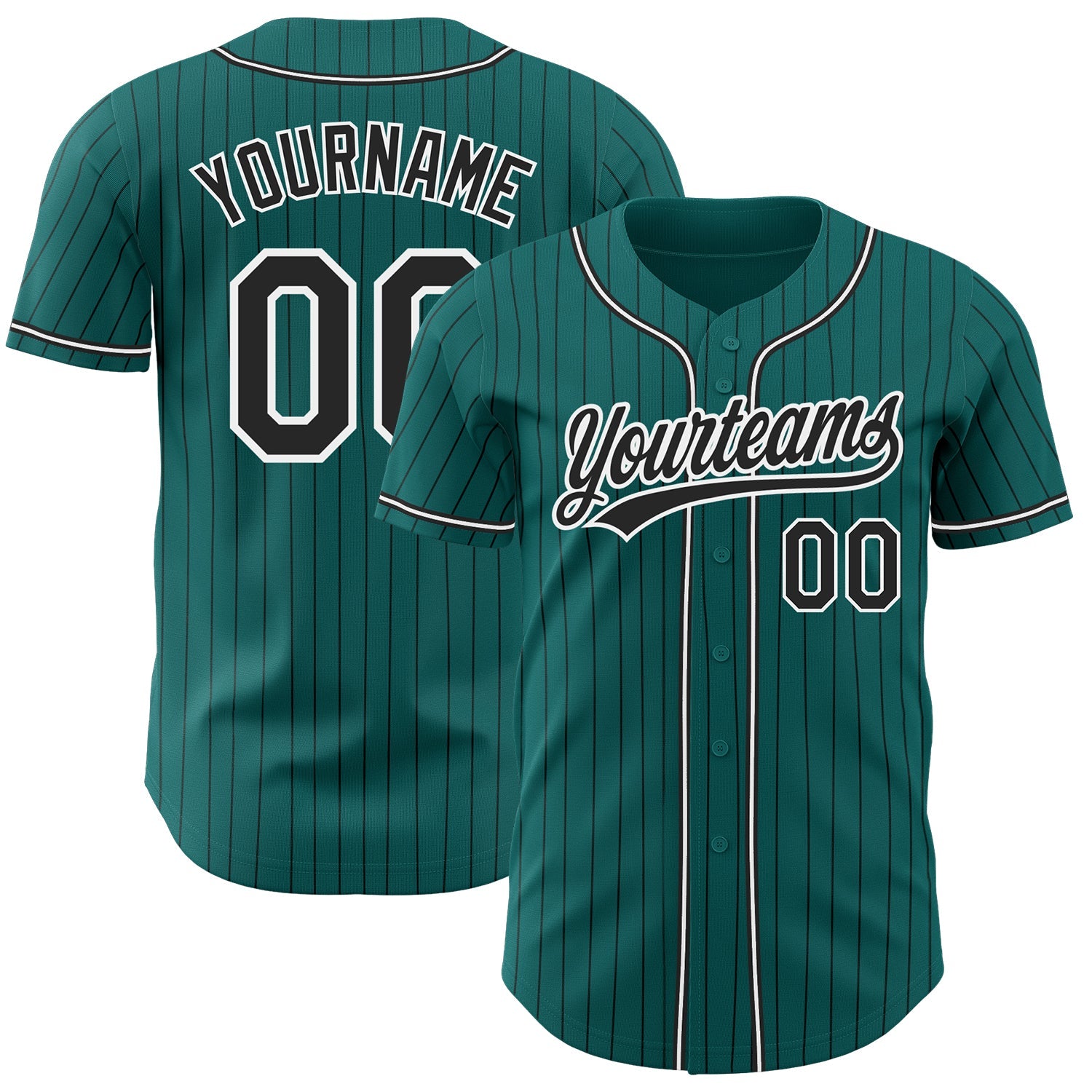 Custom Teal Black Pinstripe Black-White Authentic Baseball Jersey - Main View