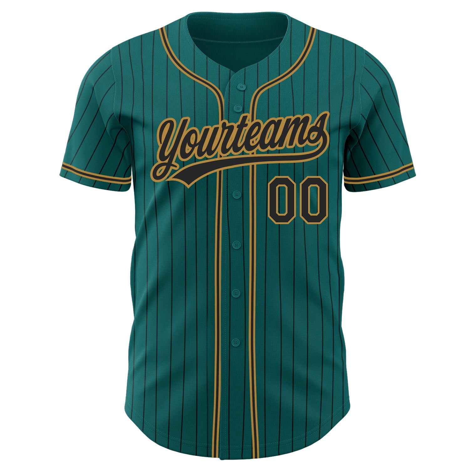 Custom Teal Black Pinstripe Black-Old Gold Authentic Baseball Jersey view 2