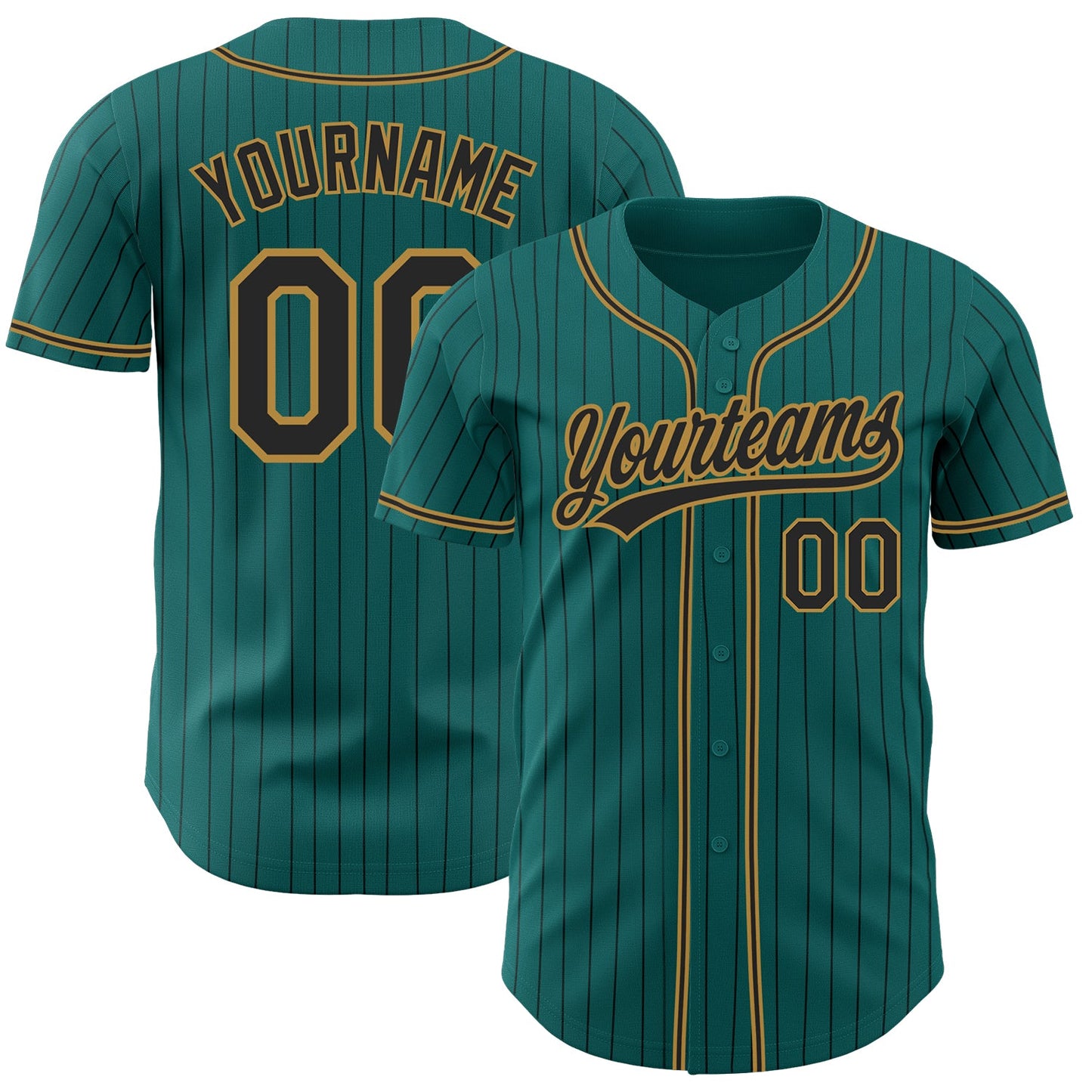 Custom Teal Black Pinstripe Black-Old Gold Authentic Baseball Jersey - Main View