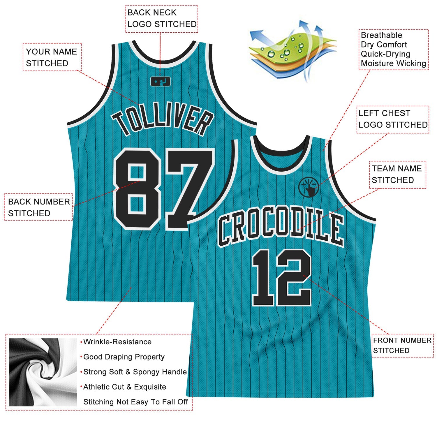 Custom Teal Black Pinstripe Black-White Authentic Basketball Jersey view 2