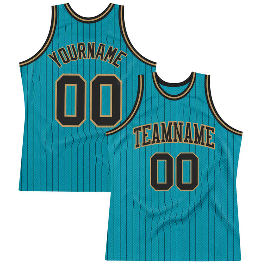 Custom Teal Black Pinstripe Black-Old Gold Authentic Basketball Jersey - Main View