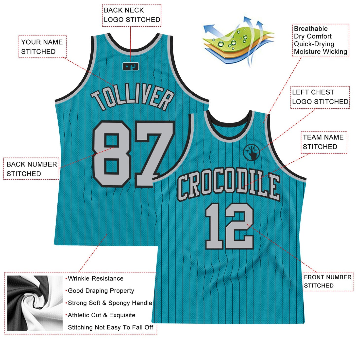 Custom Teal Black Pinstripe Gray Authentic Basketball Jersey view 2