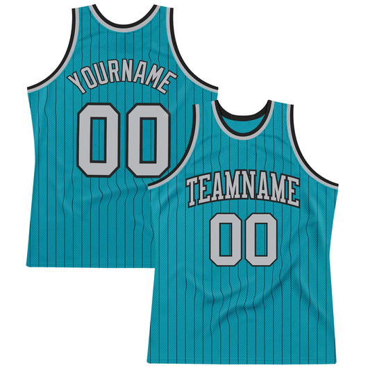 Custom Teal Black Pinstripe Gray Authentic Basketball Jersey - Main View