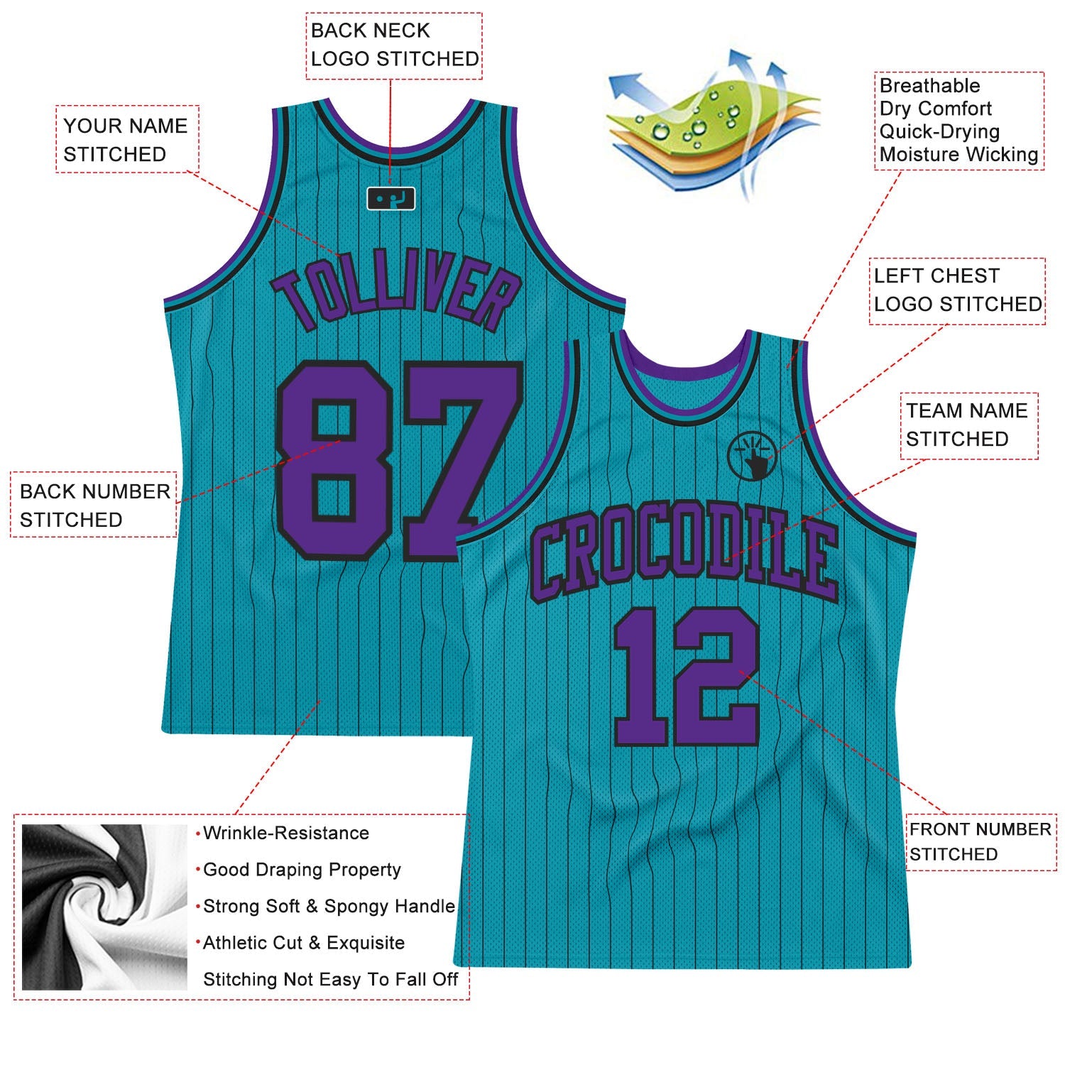 Custom Teal Black Pinstripe Purple Authentic Basketball Jersey view 2