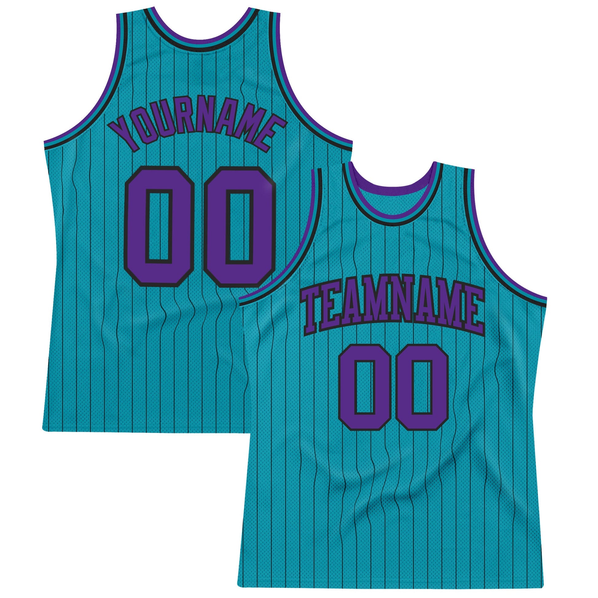 Custom Teal Black Pinstripe Purple Authentic Basketball Jersey - Main View