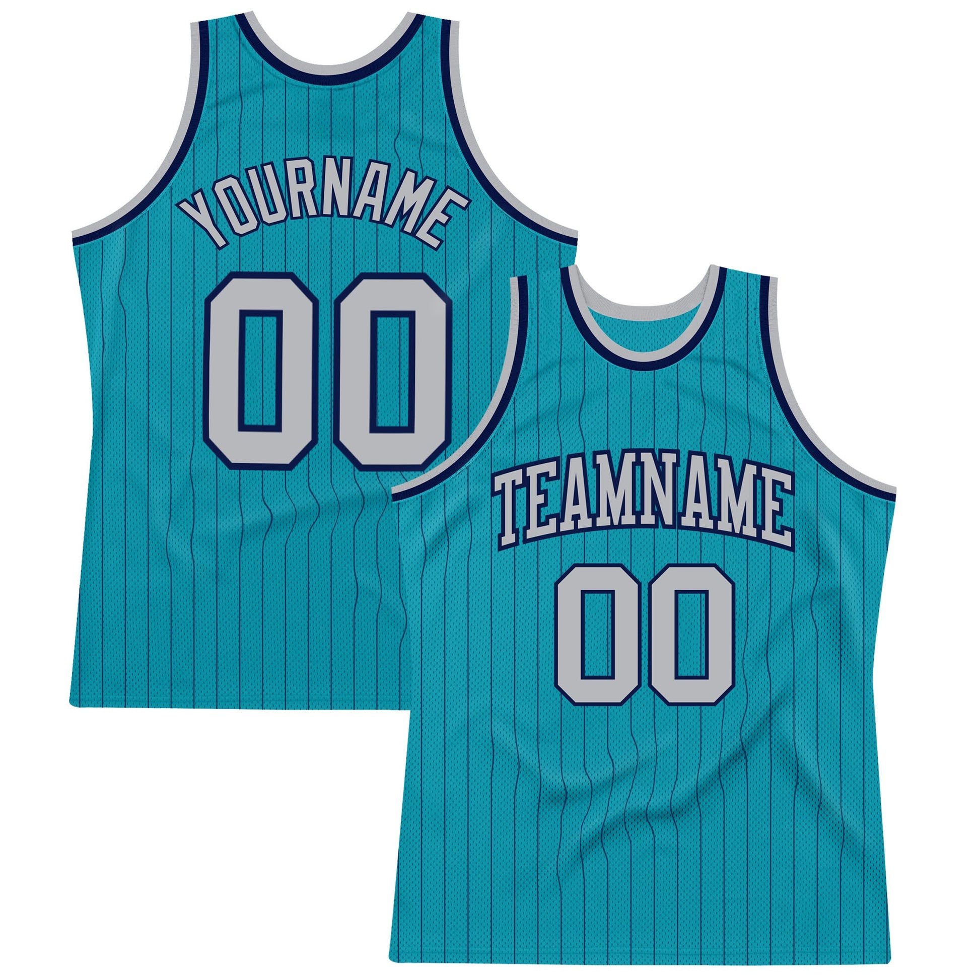 Custom Teal Navy Pinstripe Gray Authentic Basketball Jersey - Main View