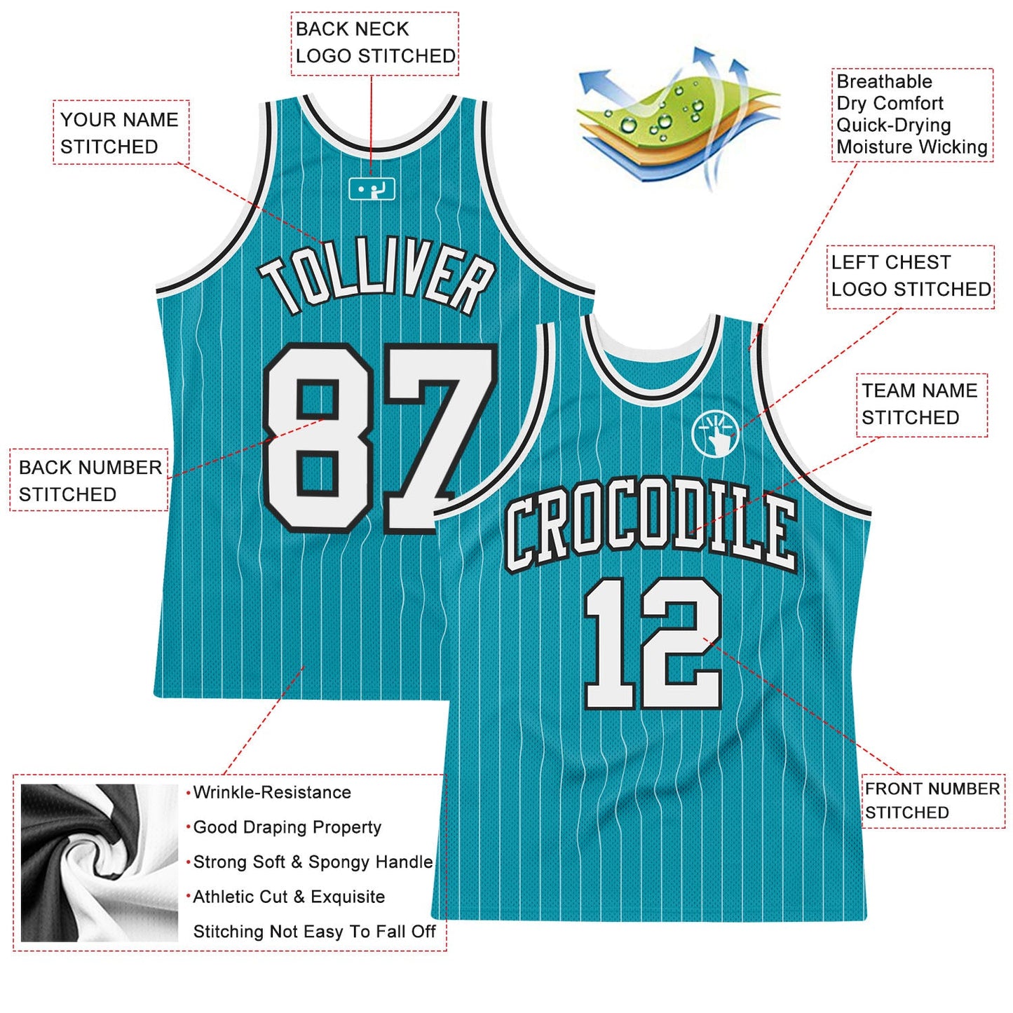 Custom Teal White Pinstripe White-Black Authentic Basketball Jersey view 2