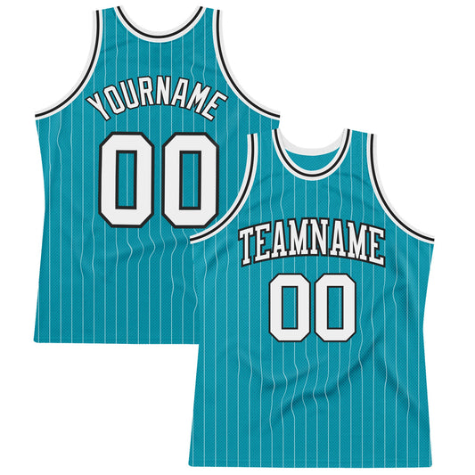Custom Teal White Pinstripe White-Black Authentic Basketball Jersey - Main View