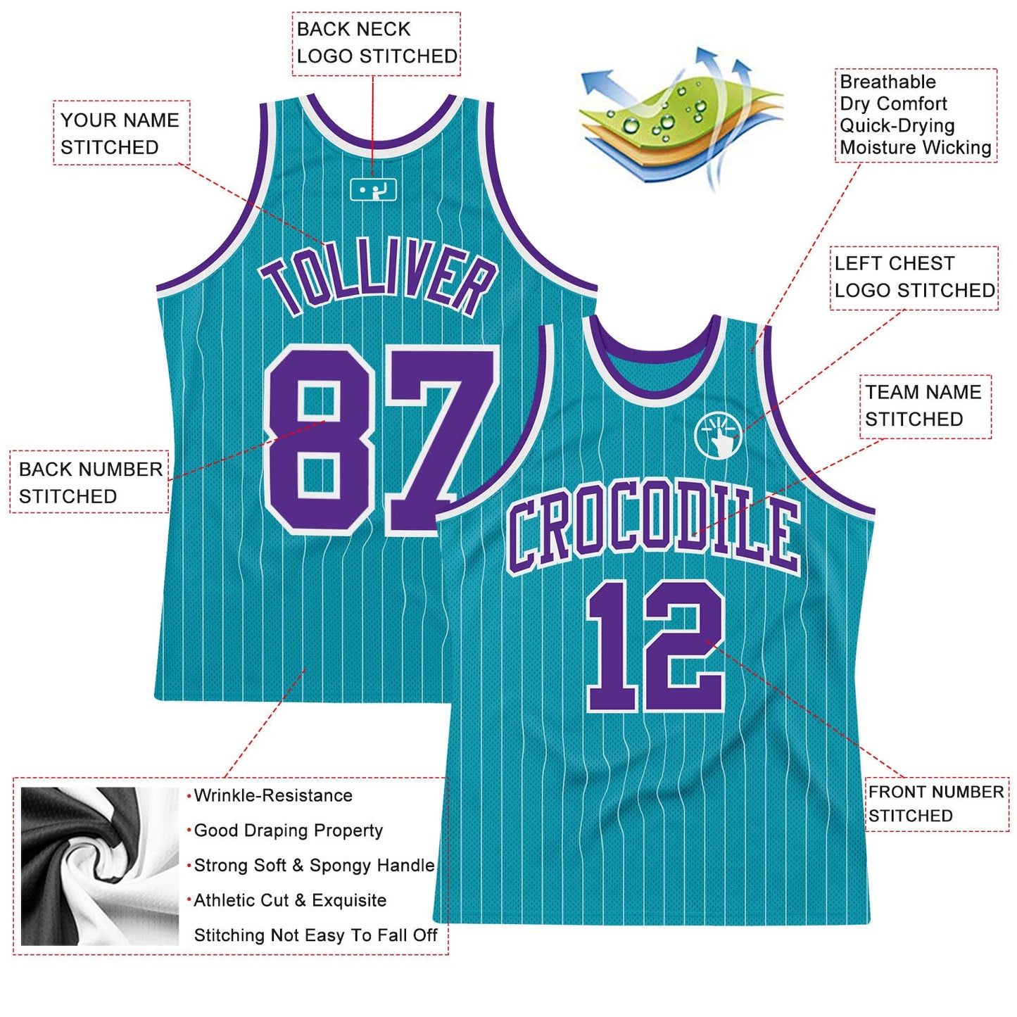 Custom Teal White Pinstripe Purple Authentic Basketball Jersey view 2