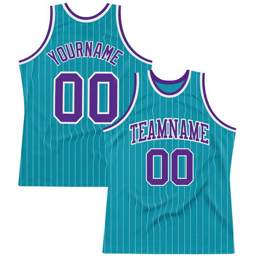 Custom Teal White Pinstripe Purple Authentic Basketball Jersey - Main View