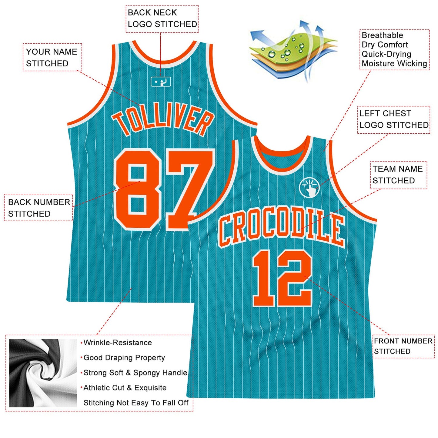 Custom Teal White Pinstripe Orange Authentic Basketball Jersey view 2