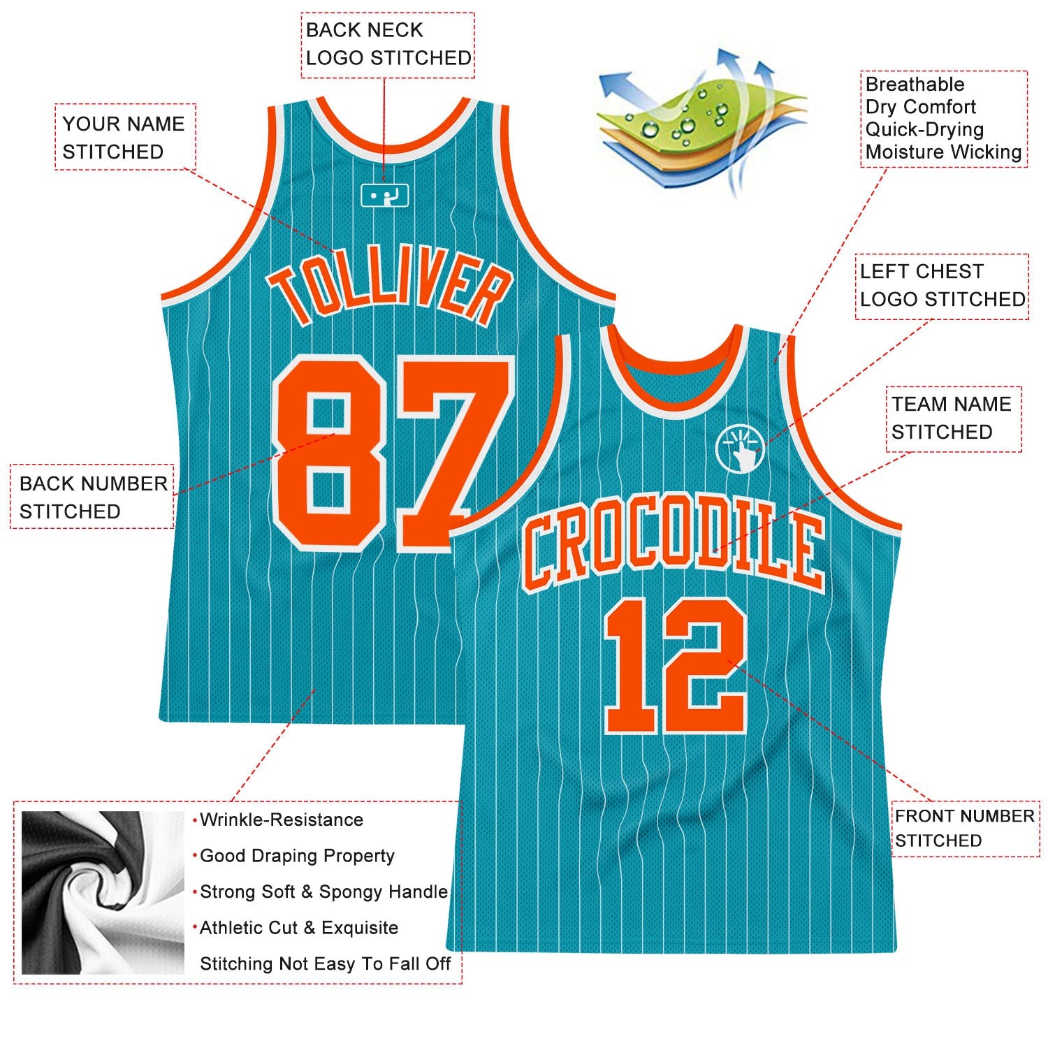 Custom Teal White Pinstripe Orange Authentic Basketball Jersey view 2
