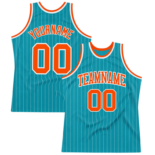 Custom Teal White Pinstripe Orange Authentic Basketball Jersey - Main View