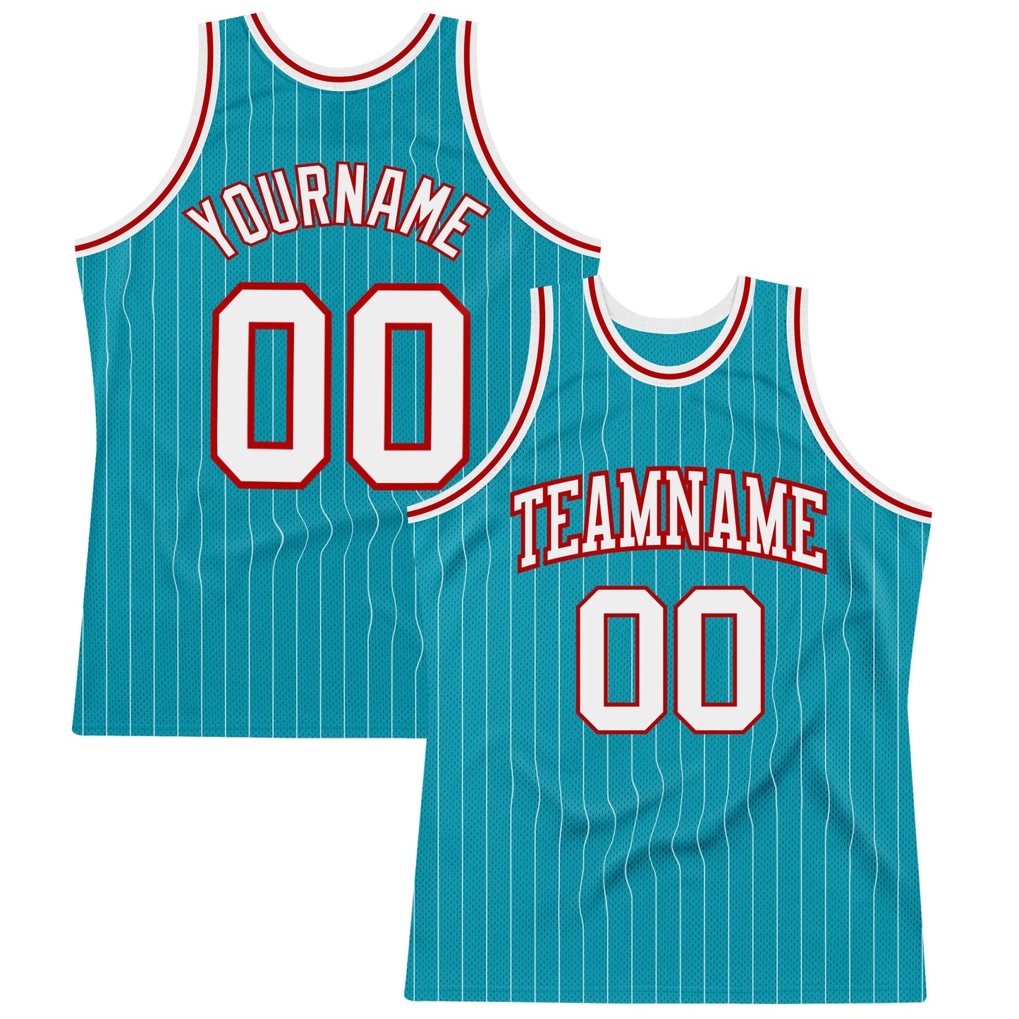 Custom Teal White Pinstripe White-Red Authentic Basketball Jersey - Main View