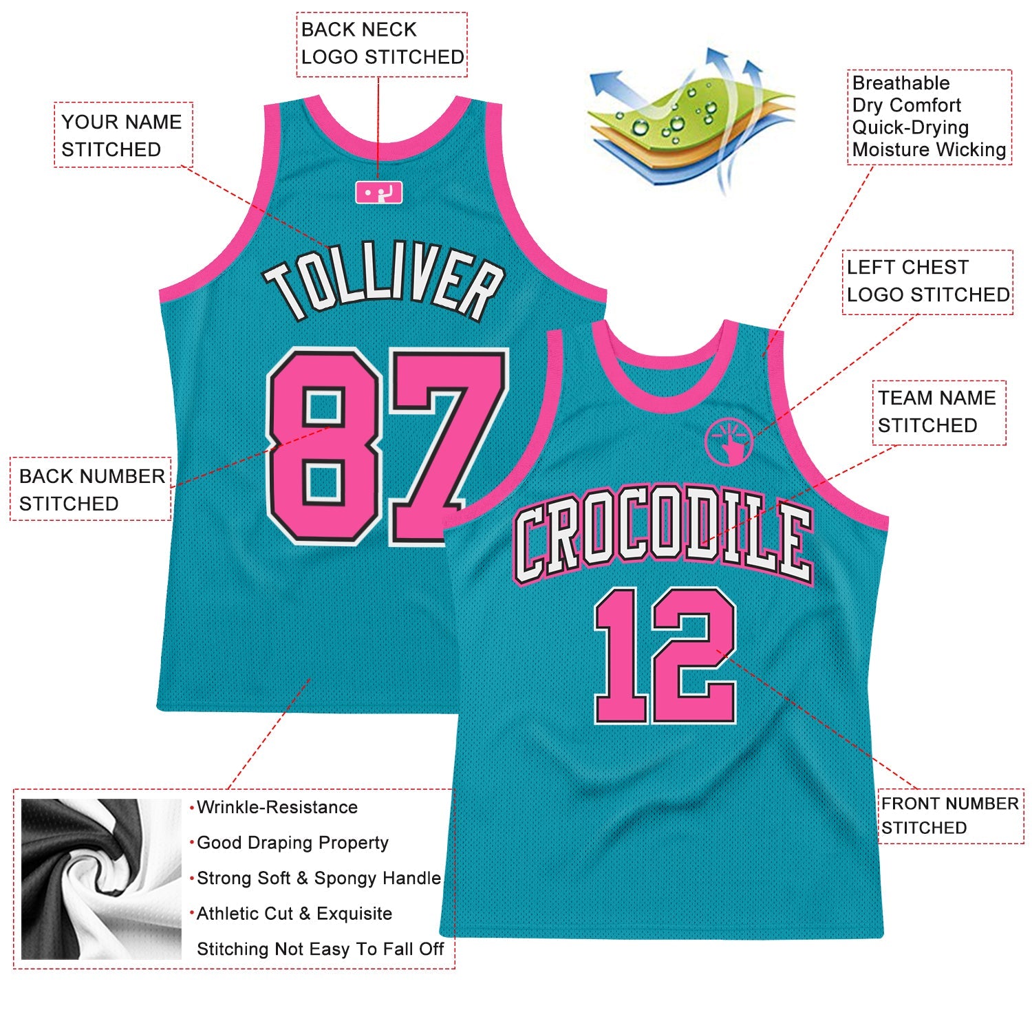 Custom Teal Pink-Black Authentic Throwback Basketball Jersey view 2