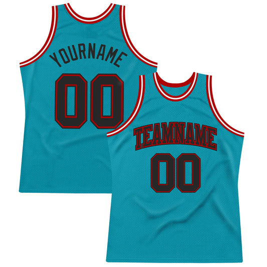 Custom Teal Black-Red Authentic Throwback Basketball Jersey - Main View