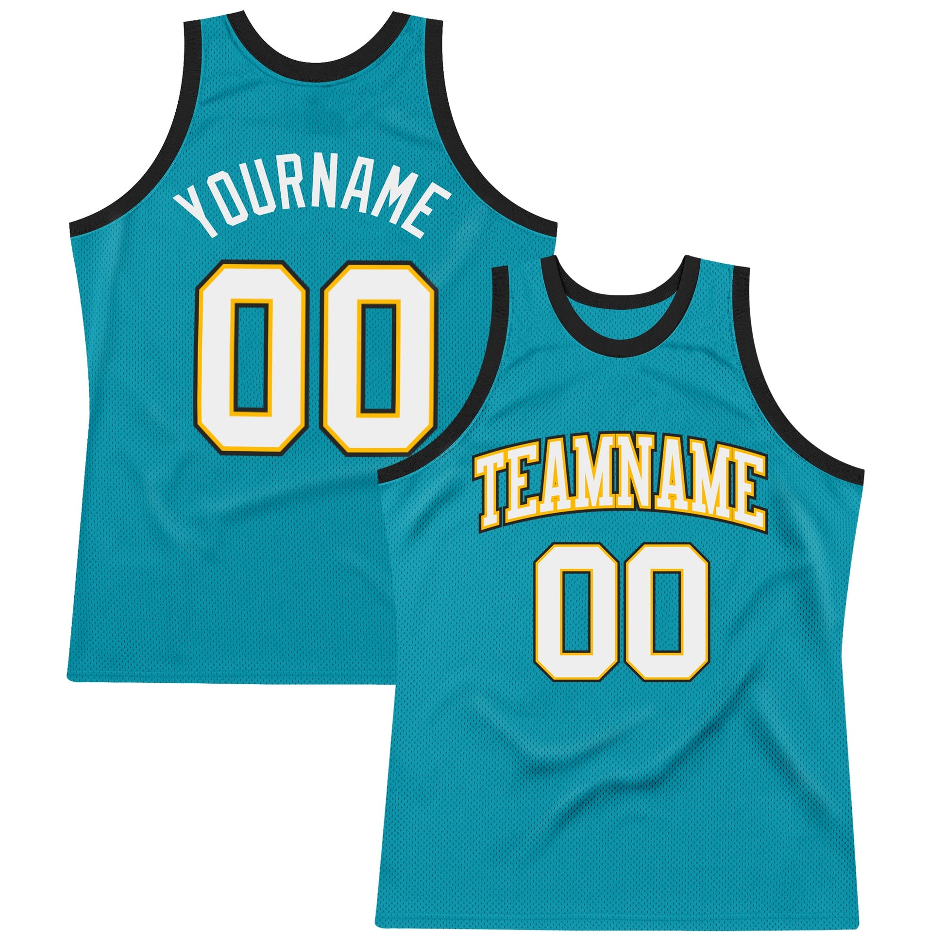 Custom Teal White Gold-Black Authentic Throwback Basketball Jersey - Main View