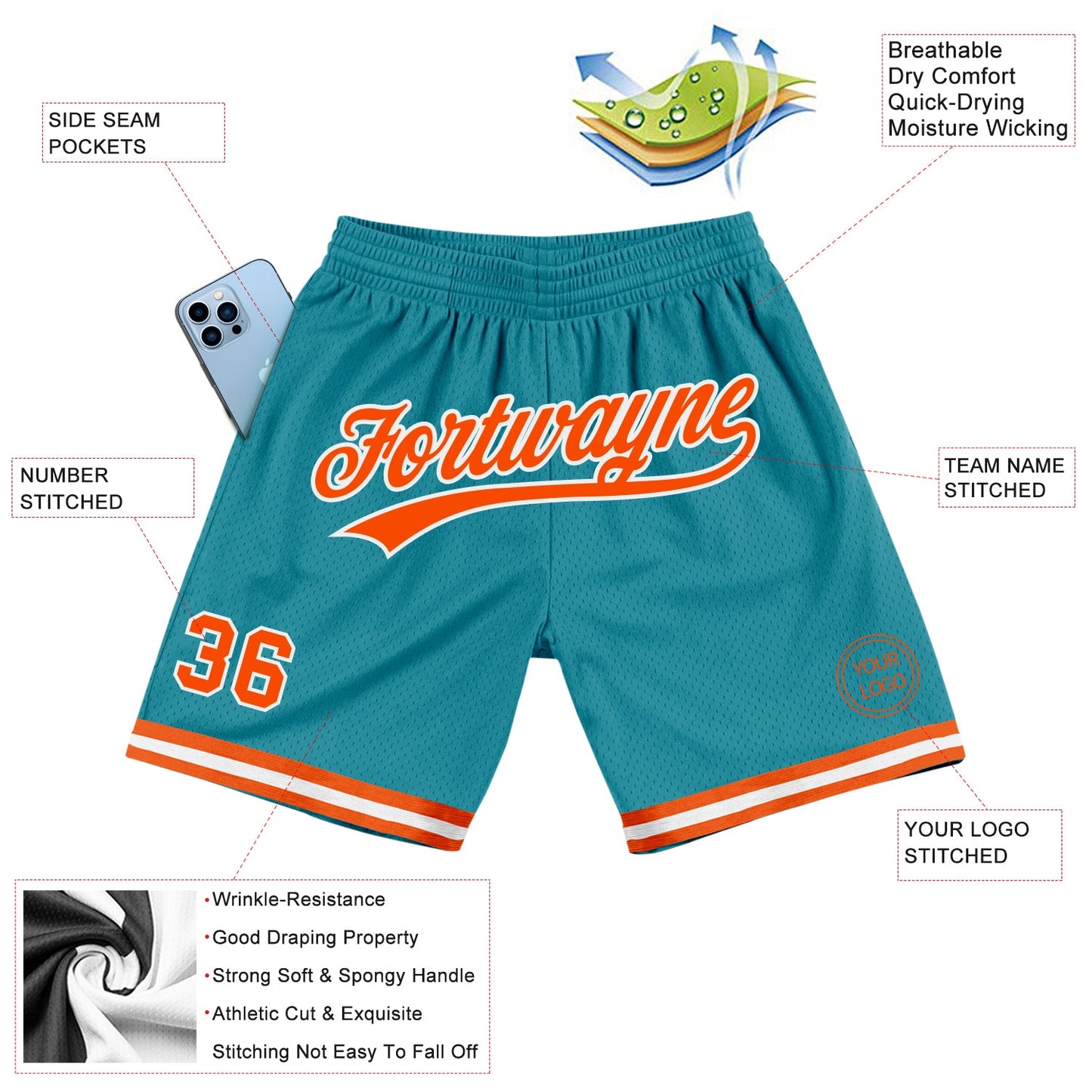 Custom Teal Orange-White Authentic Throwback Basketball Shorts view 2
