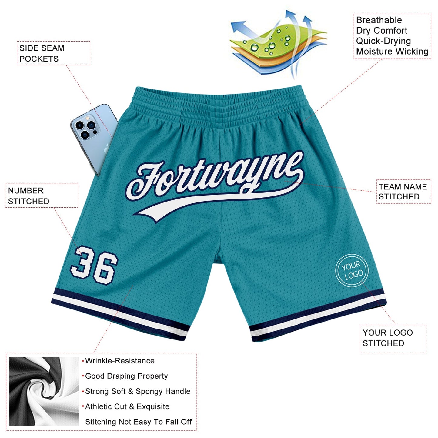 Custom Teal White-Navy Authentic Throwback Basketball Shorts view 2