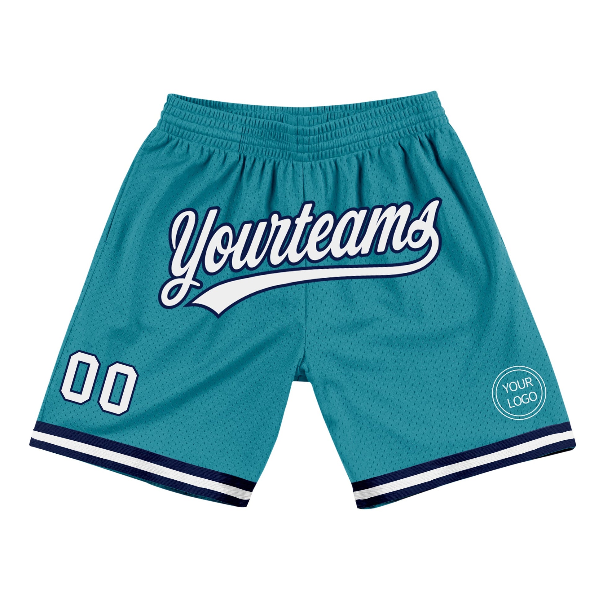 Custom Teal White-Navy Authentic Throwback Basketball Shorts - Main View