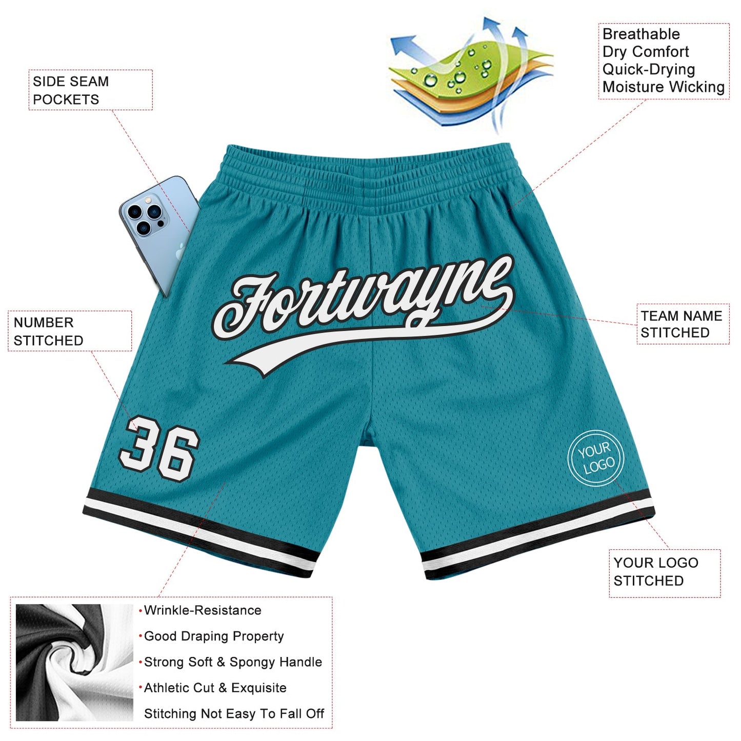 Custom Teal White-Black Authentic Throwback Basketball Shorts view 2