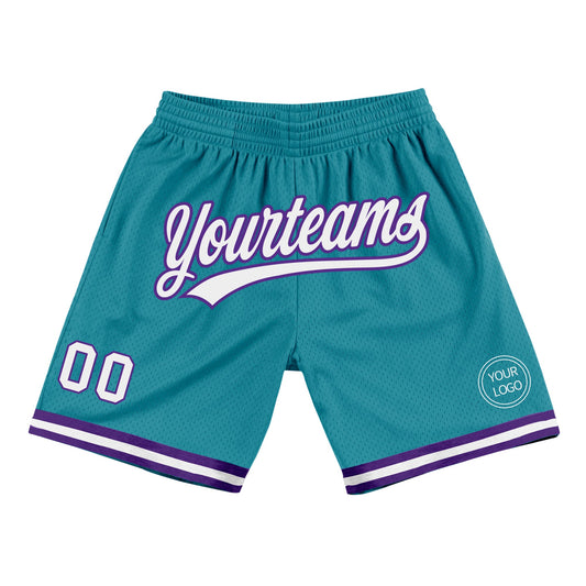 Custom Teal White-Purple Authentic Throwback Basketball Shorts - Main View