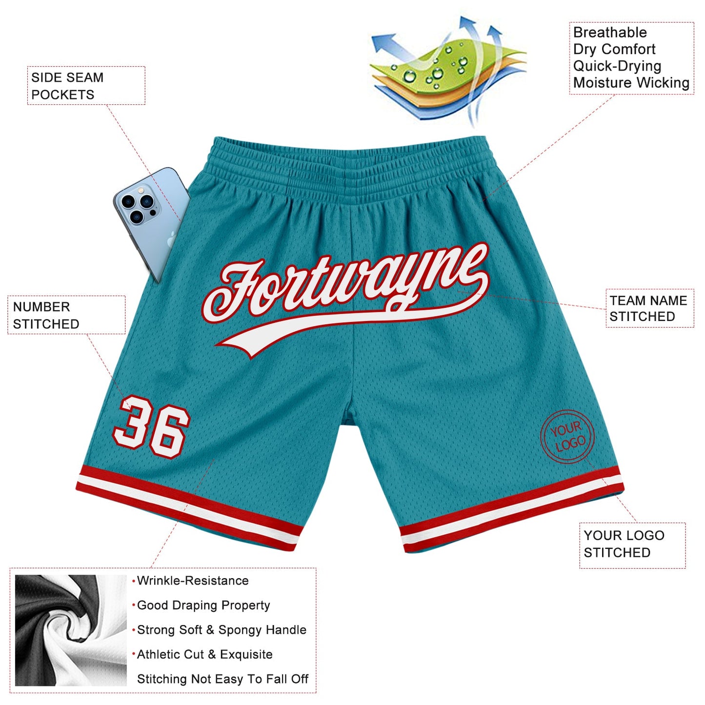Custom Teal White-Red Authentic Throwback Basketball Shorts view 2
