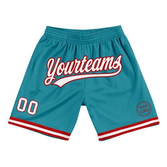 Custom Teal White-Red Authentic Throwback Basketball Shorts - Main View