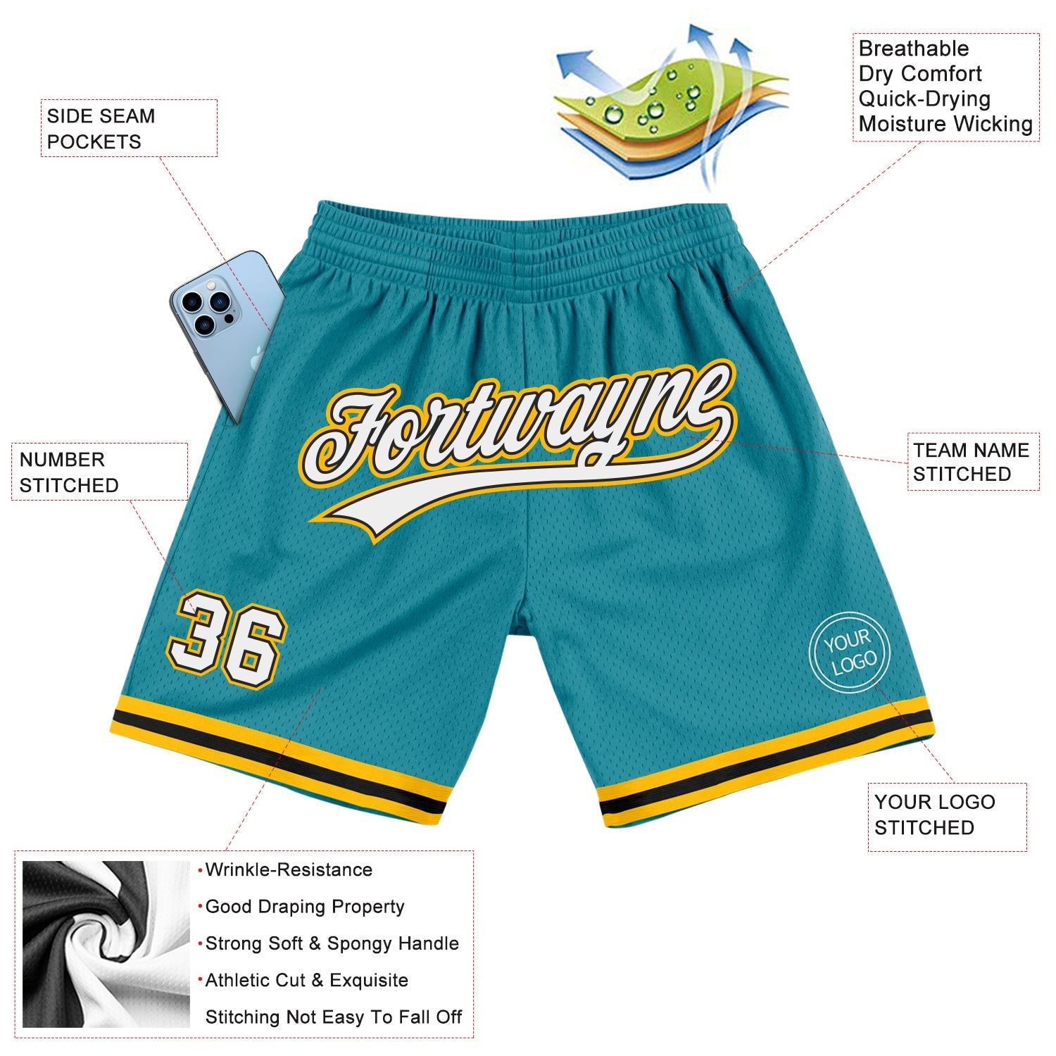 Custom Teal White Black-Gold Authentic Throwback Basketball Shorts view 2