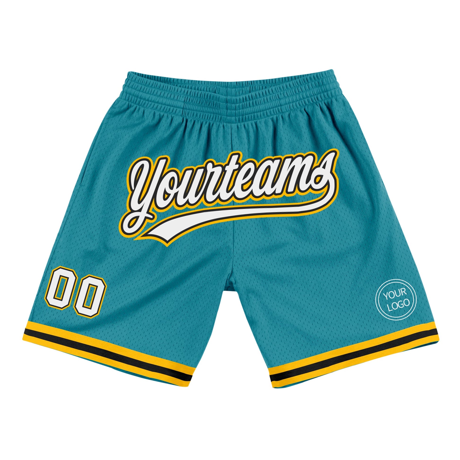 Custom Teal White Black-Gold Authentic Throwback Basketball Shorts - Main View