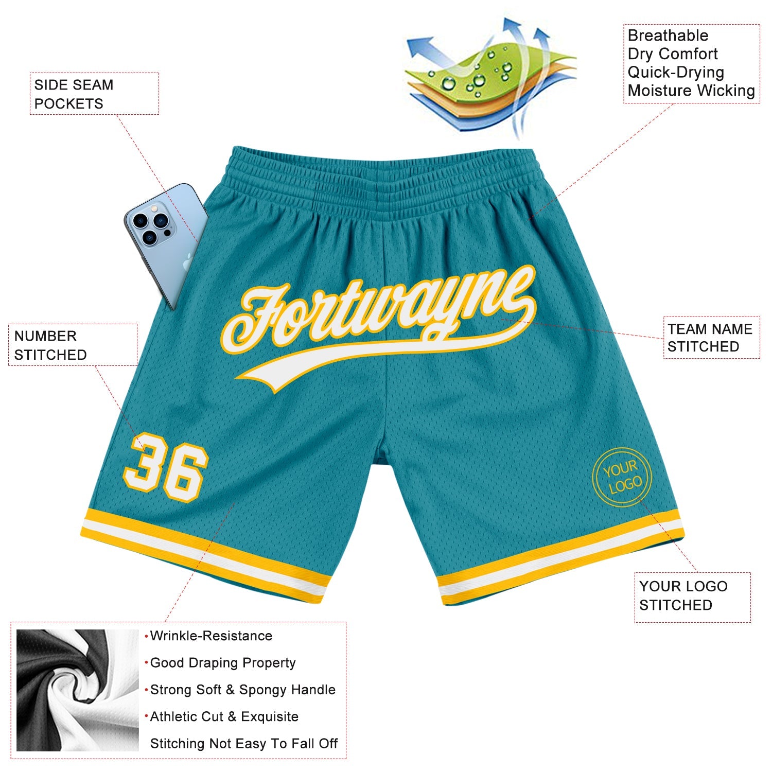 Custom Teal White-Gold Authentic Throwback Basketball Shorts view 2